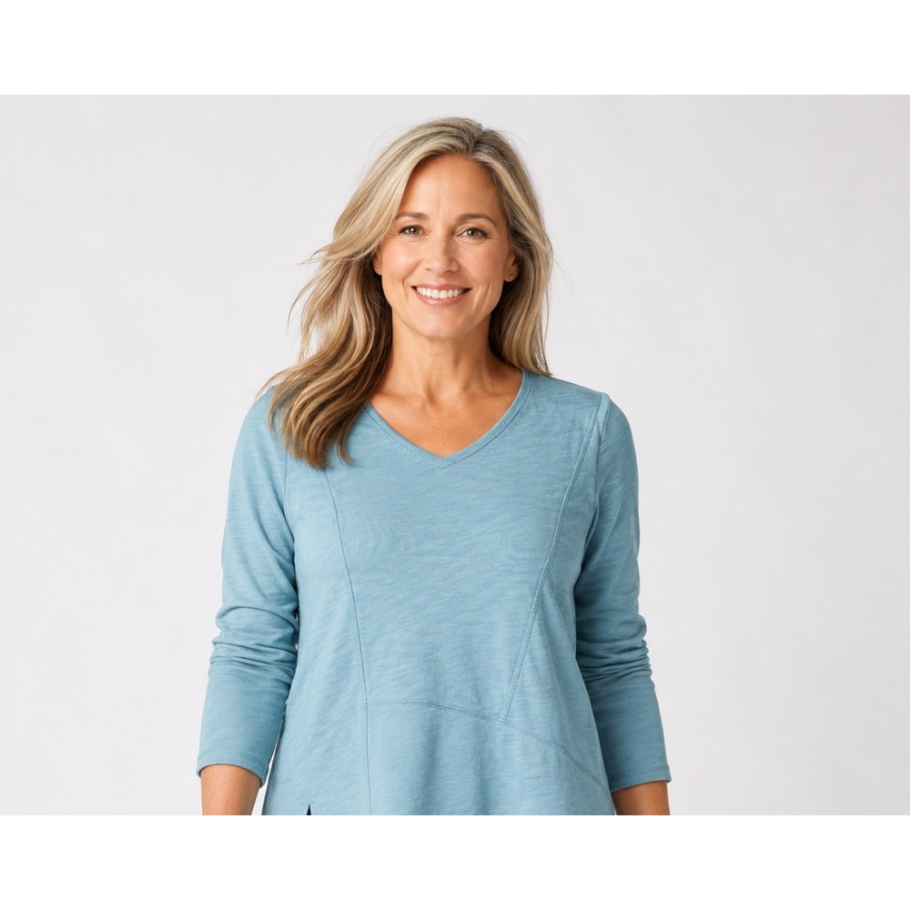 Habitat Clothes Lagenlook Blue Slub Asymetrical Hem Cotton V-Neck Seamed Top Sm